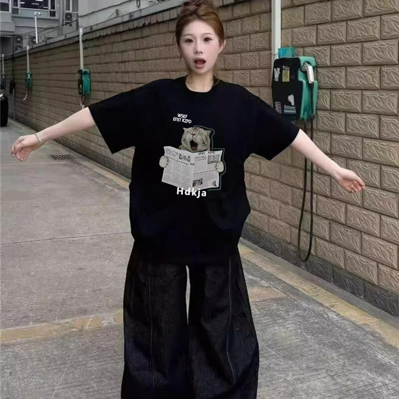 纯棉正肩黑色短袖t恤女夏季2025新款爆款美式宽松小众设计感上衣