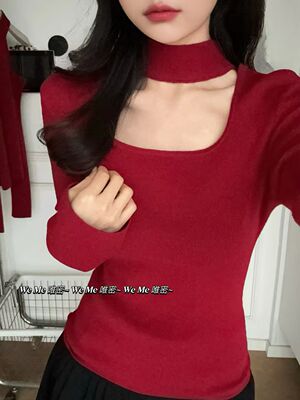 WEME2025韩版冬高品质加厚修身显瘦百搭挂脖U领针织衫打底衫上衣