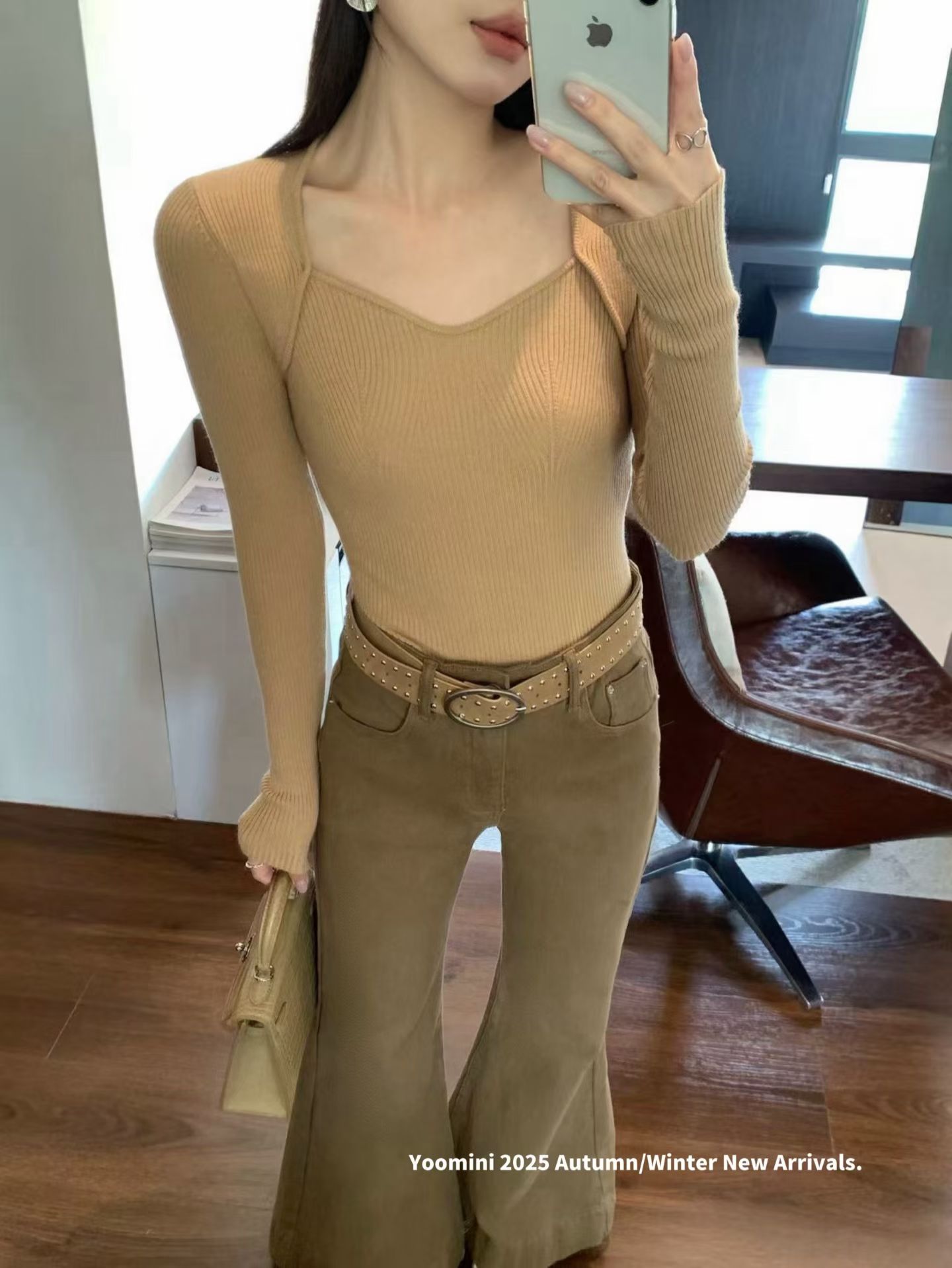 Yoomini2025新款韩版设计感方领针织打底衫女纯欲内搭短款上衣