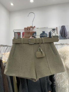 靴裤 休闲裤 冬高品质加厚羊毛呢配皮带高腰显瘦短裤 AME2025新韩版