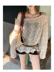 One 上衣 Family2026早春新气质镂空钩花宽松显瘦百搭配皮带针织衫