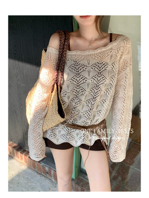 One Family2026早春新气质镂空钩花宽松显瘦百搭配皮带针织衫上衣