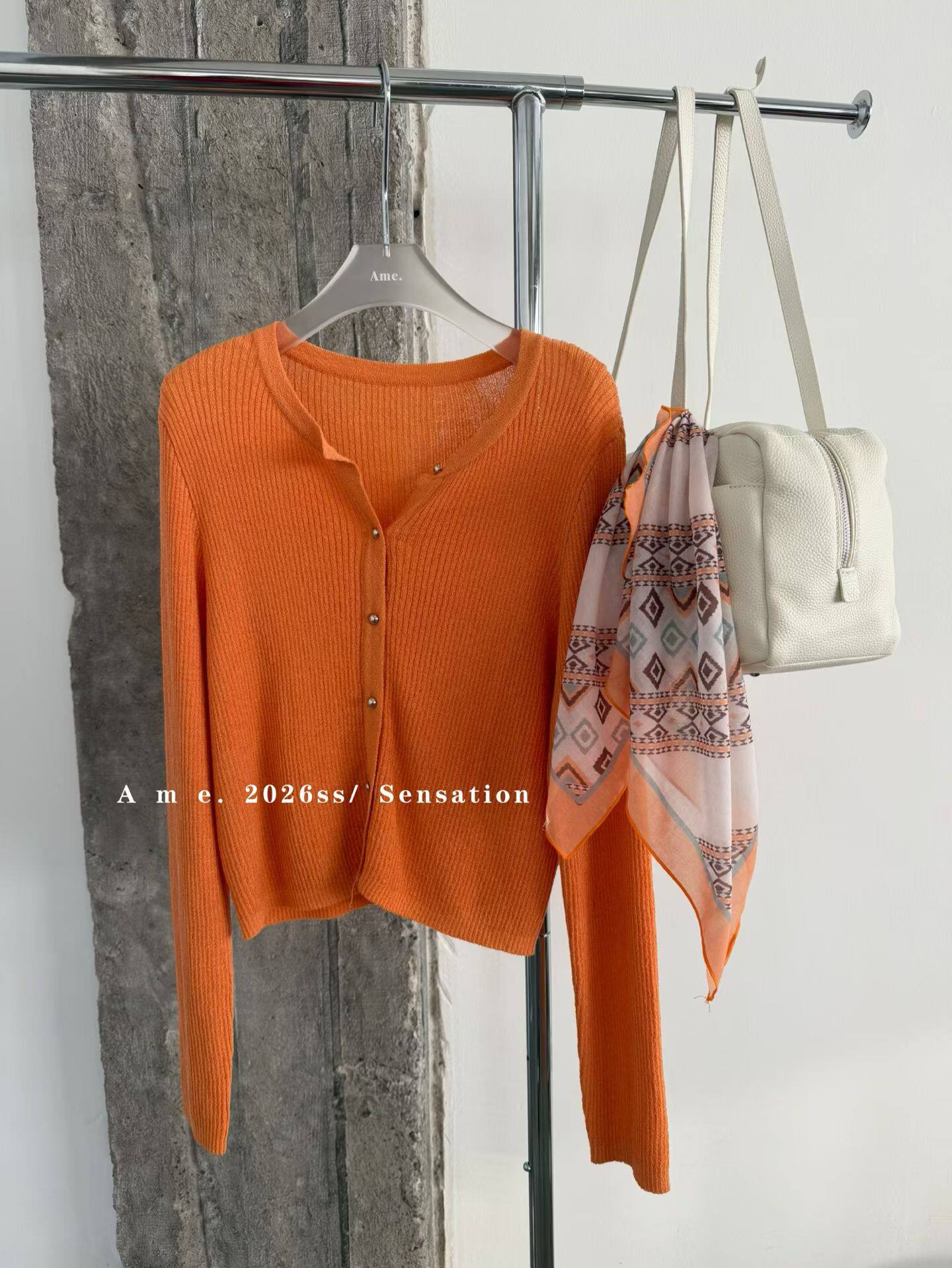 AME2026早春新款韩版精致一排扣宽松显瘦百搭圆领针织开衫配丝巾