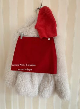 AME2025冬季新款韩版高品质加厚双面羊绒简约新年红色半身裙A字裙