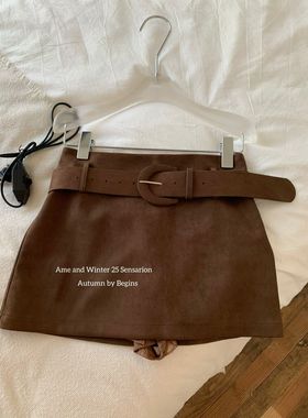 AME2025秋冬新高品质加绒鹿皮绒配皮带高腰显瘦半身裙A字裙包臀裙