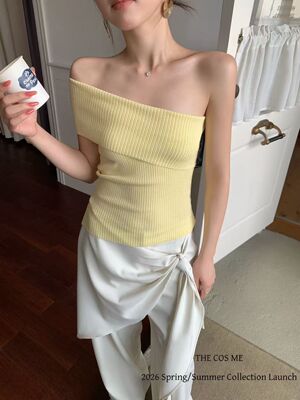 Yoomini2026夏季新韩版气质一字肩斜肩针织衫女修身显瘦短袖上衣