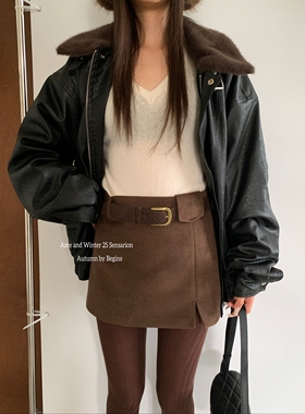 AME2025冬高品质加厚前开叉羊毛呢配皮带半身裙女显瘦A字裙半身裙