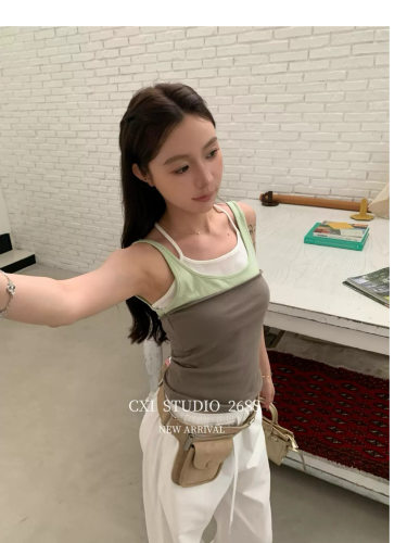CXI2026夏季新款韩版设计感撞色拼接假两件吊带背心女无袖上衣