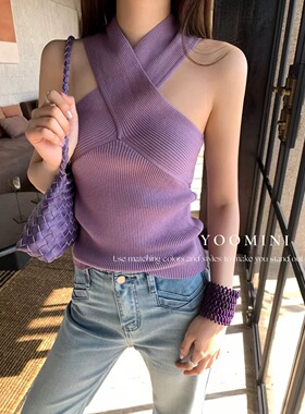 Yoomini2026早春新韩版气质交叉挂脖针织吊带背心一字肩显瘦上衣