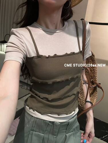 CME2026夏季新款韩系拼接辣妹风假两件T恤女修身木耳边修身上衣