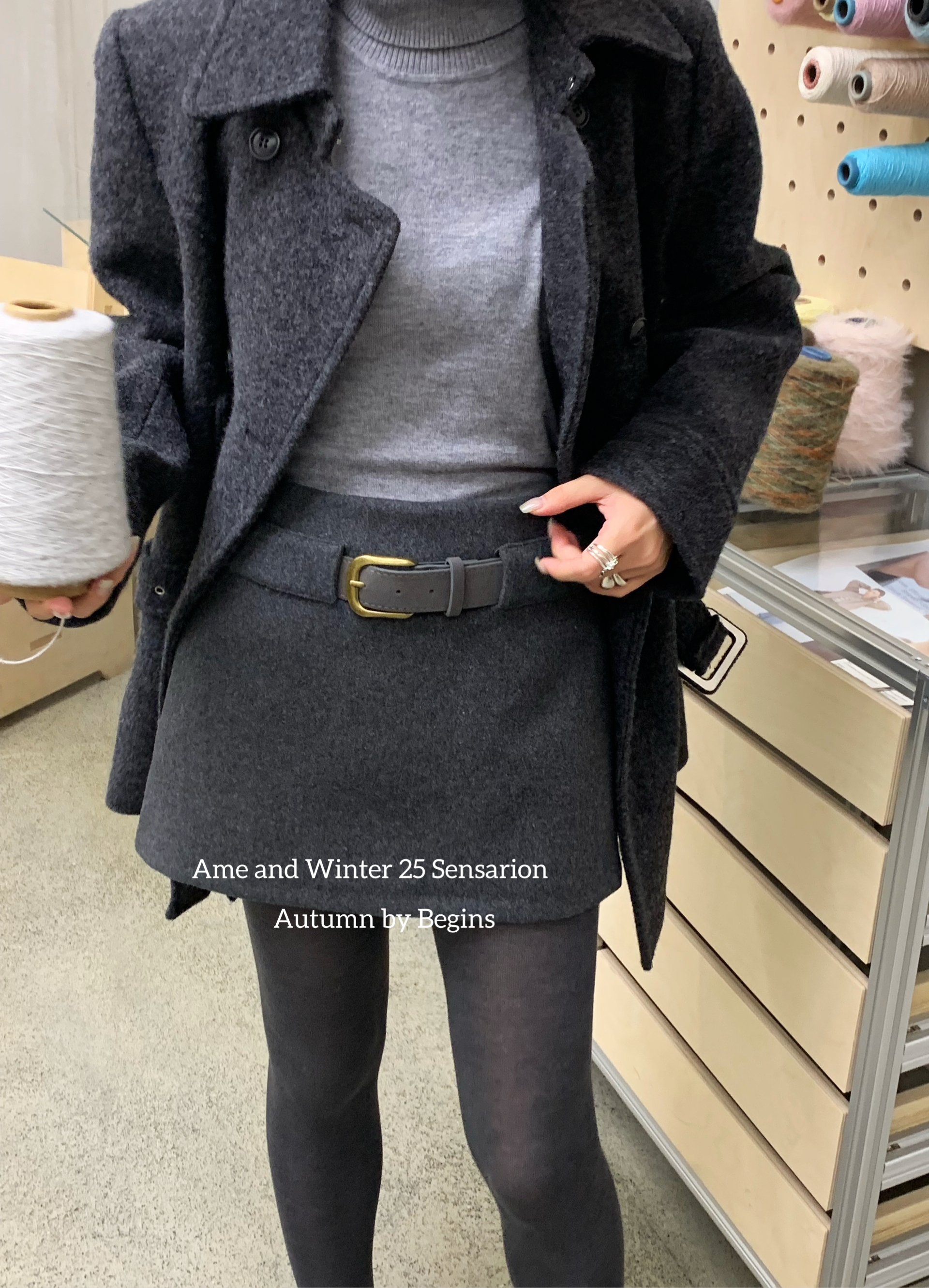 AME2025秋冬新款高品质加厚羊毛呢2侧拉链配皮带显瘦百搭半身裙