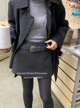 AME2025秋冬新款高品质加厚羊毛呢2侧拉链配皮带显瘦百搭半身裙