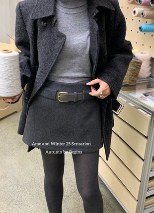 AME2025秋冬新款高品质加厚羊毛呢2侧拉链配皮带显瘦百搭半身裙