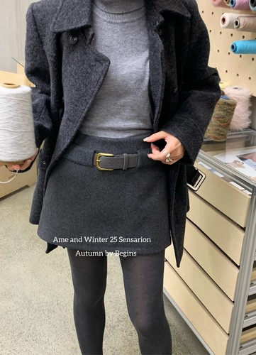 AME2025秋冬新款高品质加厚羊毛呢2侧拉链配皮带显瘦百搭半身裙