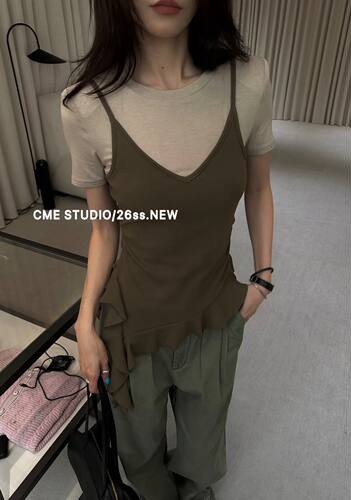 CME2026夏季新韩版设计感不规则下摆短袖T恤女修身显瘦假2件上衣
