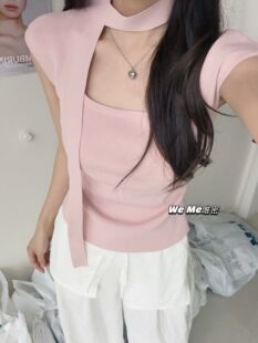 WEME2026夏季新韩版设计感方领无袖针织衫女修身显瘦百搭短款上衣