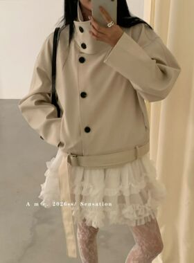 AME2026春夏新款韩版气质立领系带短款风衣女宽松显瘦百搭外套
