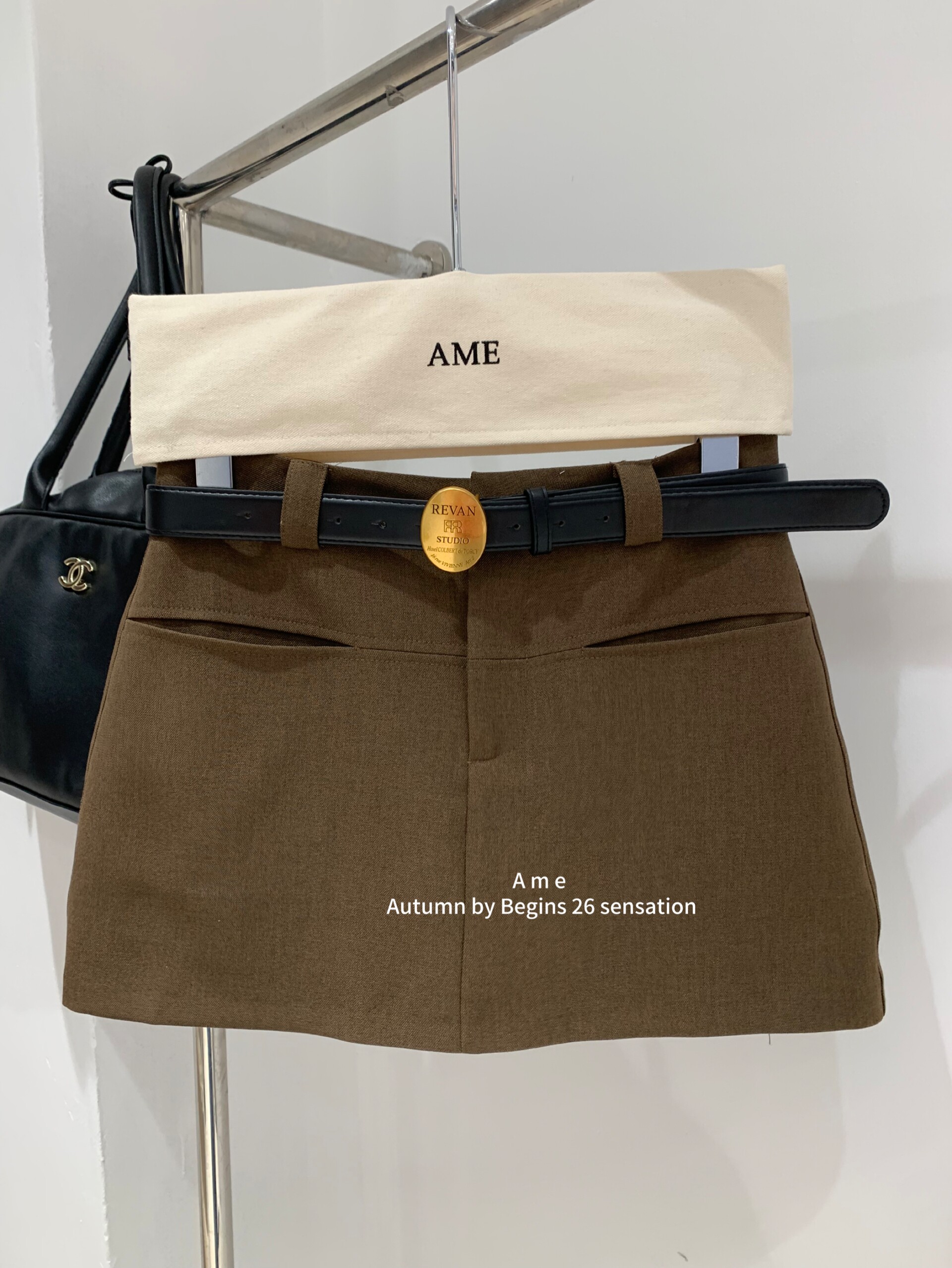 AME2026早秋新高品质配皮带口袋设计西装半身裙A字裙子显瘦包臀裙