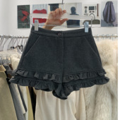 新款 韩版 高品质加厚羊毛呢木耳边毛呢短裤 AME2025冬季 女外穿靴裤