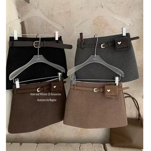 AME2025韩版 冬高品质气质加厚毛呢半身裙女配包包A字裙包臀裙女