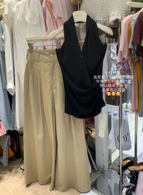 PULLY2026夏新韩版休闲设计感挂脖露背无袖背心女高腰显瘦阔腿裤