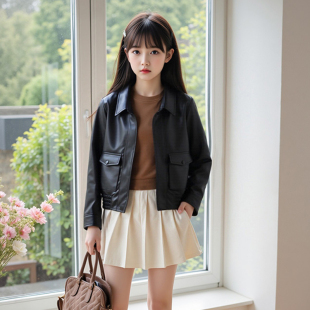 女童外套2025新款春秋女宝宝洋气皮衣夹克儿童时髦百搭复古风上衣