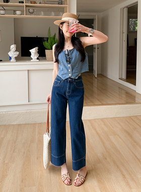 【现货】CKLY66351斯卡洛依窄版阔腿牛仔裤女夏藏青色九分奶奶裤