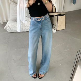 CKLY2896斯卡洛依阔腿裤 女2026春宽松显瘦腰部国风刺绣拖地牛仔裤