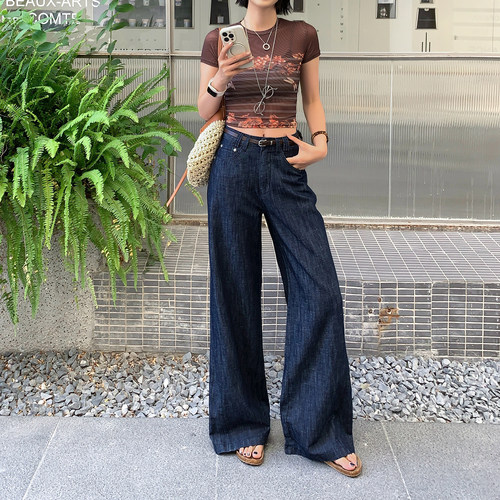 普洗蓝汉麻透气阔腿微喇牛仔裤薄