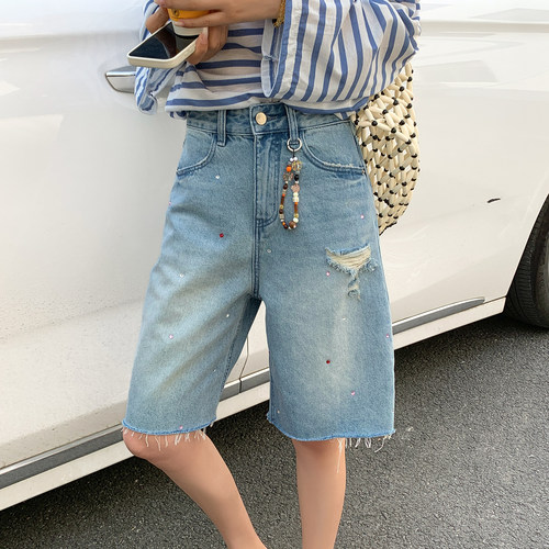 夏季薄款牛仔中裤五分烫钻短裤女