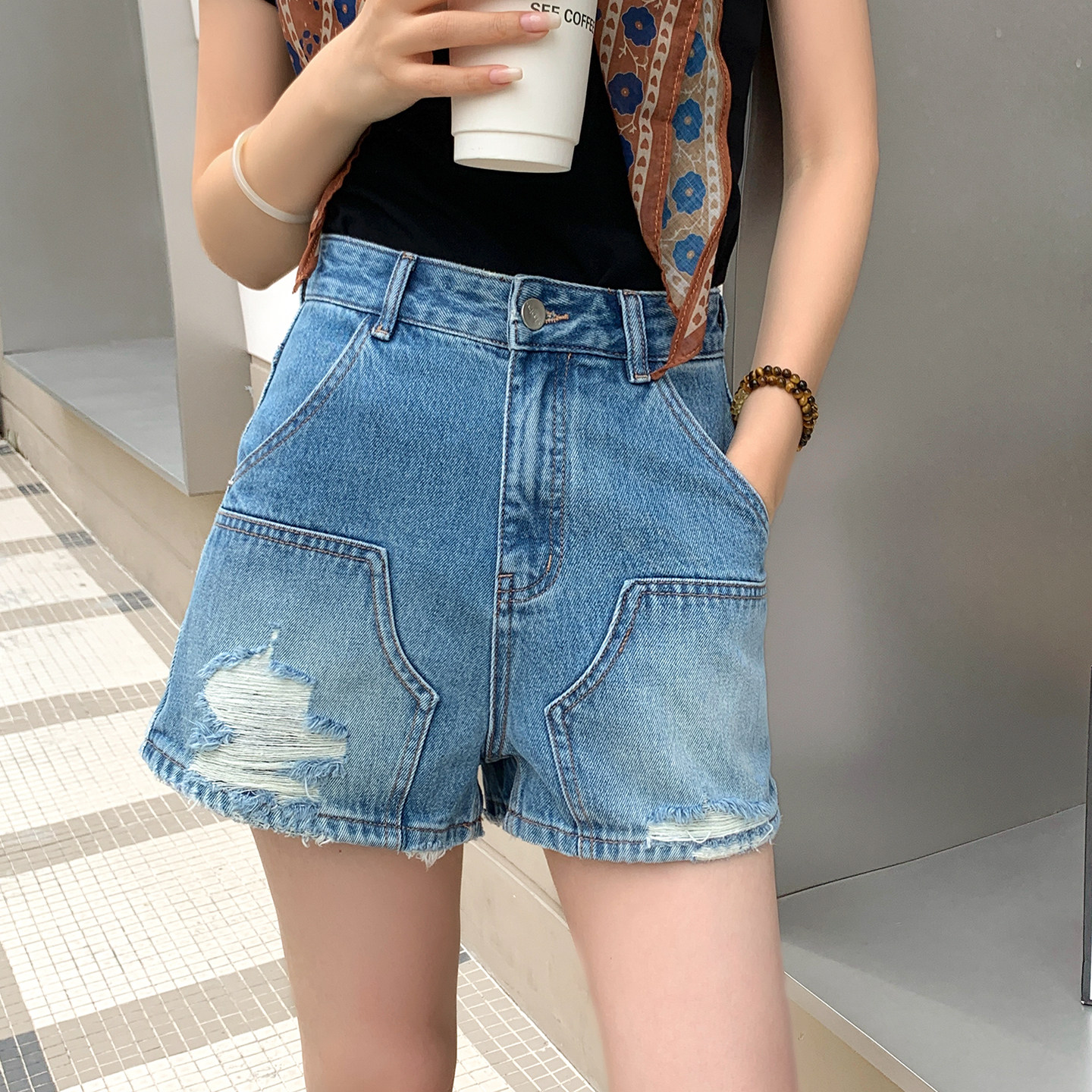 斯卡洛依2970牛仔短裤女2026夏高腰破洞热裤薄款假口袋A字阔腿裤