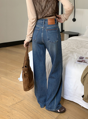 CKLY2613 2708斯卡洛依直筒牛仔裤女冬季加绒蓝色高腰窄版阔腿裤