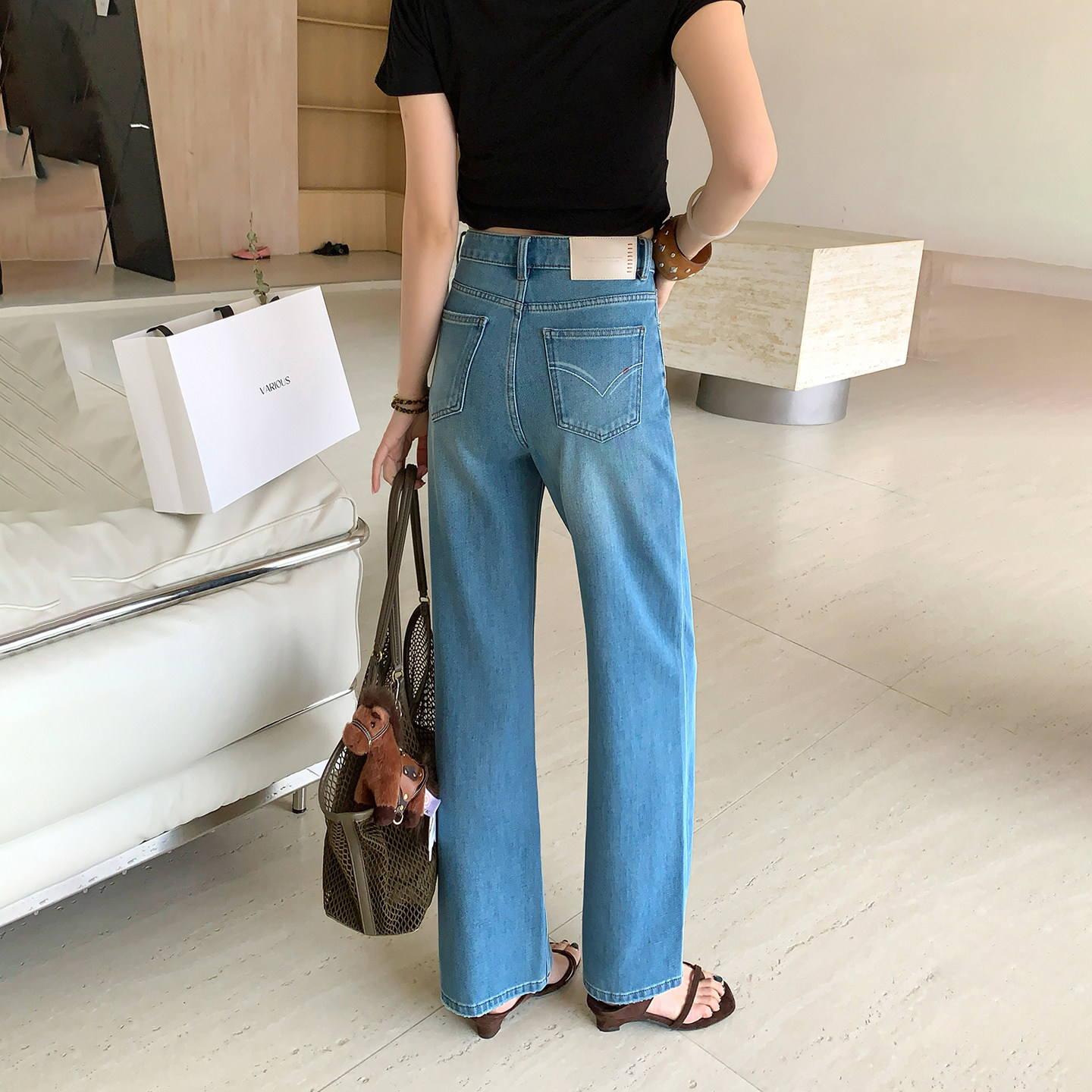 CKLY66910斯卡洛依窄版直筒牛仔裤女小个子高腰显瘦四面弹拖地裤