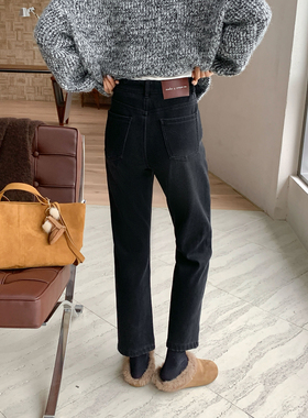 【现货】CKLY2770斯卡洛依黑色加绒加厚牛仔裤女小个子九分烟管裤