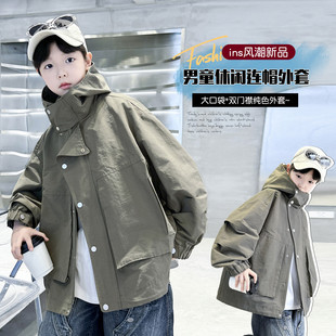 男童新款春秋款风衣外套韩版中长款连帽宽松大口袋儿童外套机能风