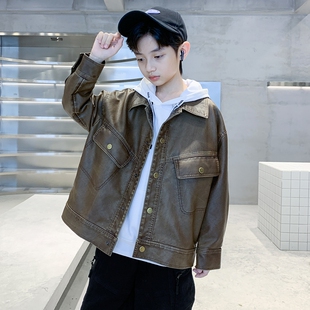 男童中大童春秋款 帅气休闲机车风翻领皮夹克潮酷 皮衣儿童外套韩版