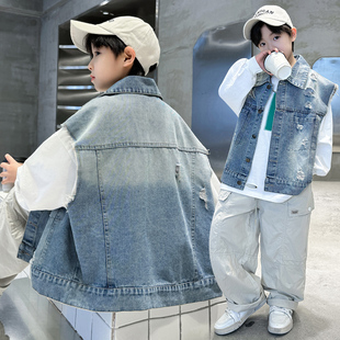 儿童装韩版男童牛仔马甲春秋宽松做旧翻领外穿背心洋气时髦痞帅风