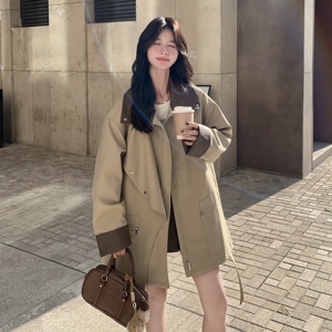设计感卡其色撞色拼皮风衣外套女2025秋款英伦风高级感中长款大衣图片