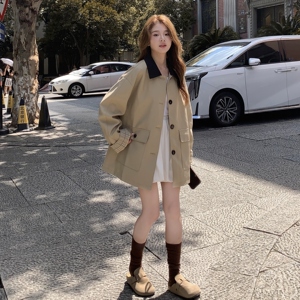 韩系复古工装格纹拼接卡其色风衣外套女春秋2025新款流行爆款大衣图片