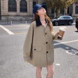 韩系复古工装格纹拼接卡其色风衣外套女春秋2025新款流行爆款大衣，女装风衣，2C033