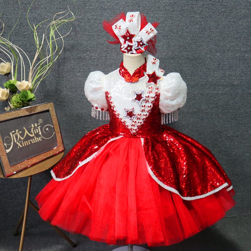 新款红色军快乐阳光亮片星星短款蓬蓬纱公主裙走秀舞蹈女童