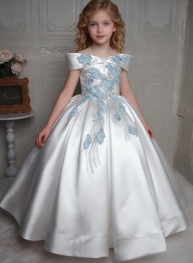欣入荷仙女风一字肩白色刺绣晚礼服女童蓬蓬裙主持人表演舞会礼服