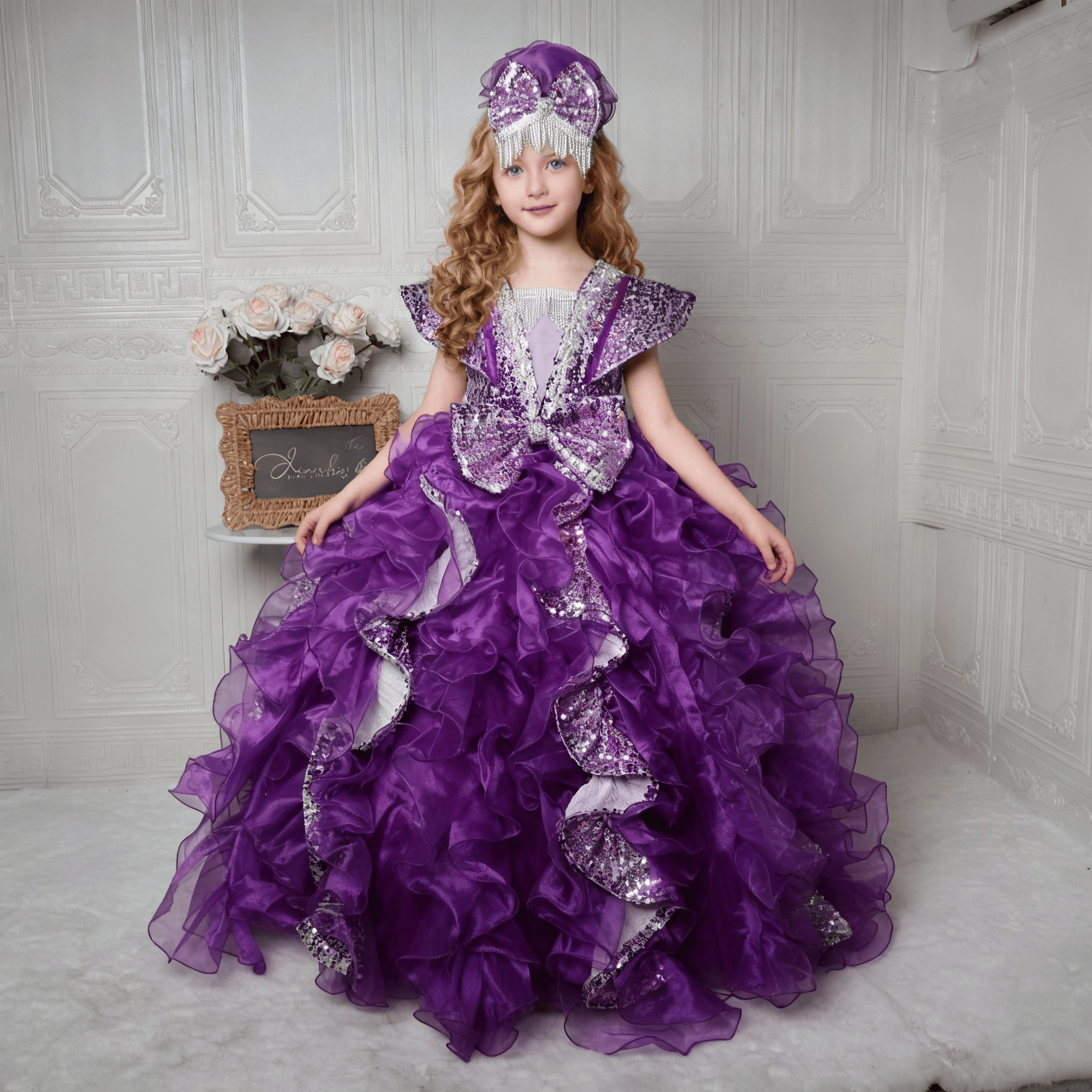 女童紫色长款礼服亮片蓬蓬裙