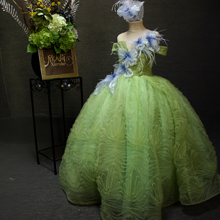 女童绿色精灵森系花朵生日礼服儿童主持人走秀钢琴演出服装公主风