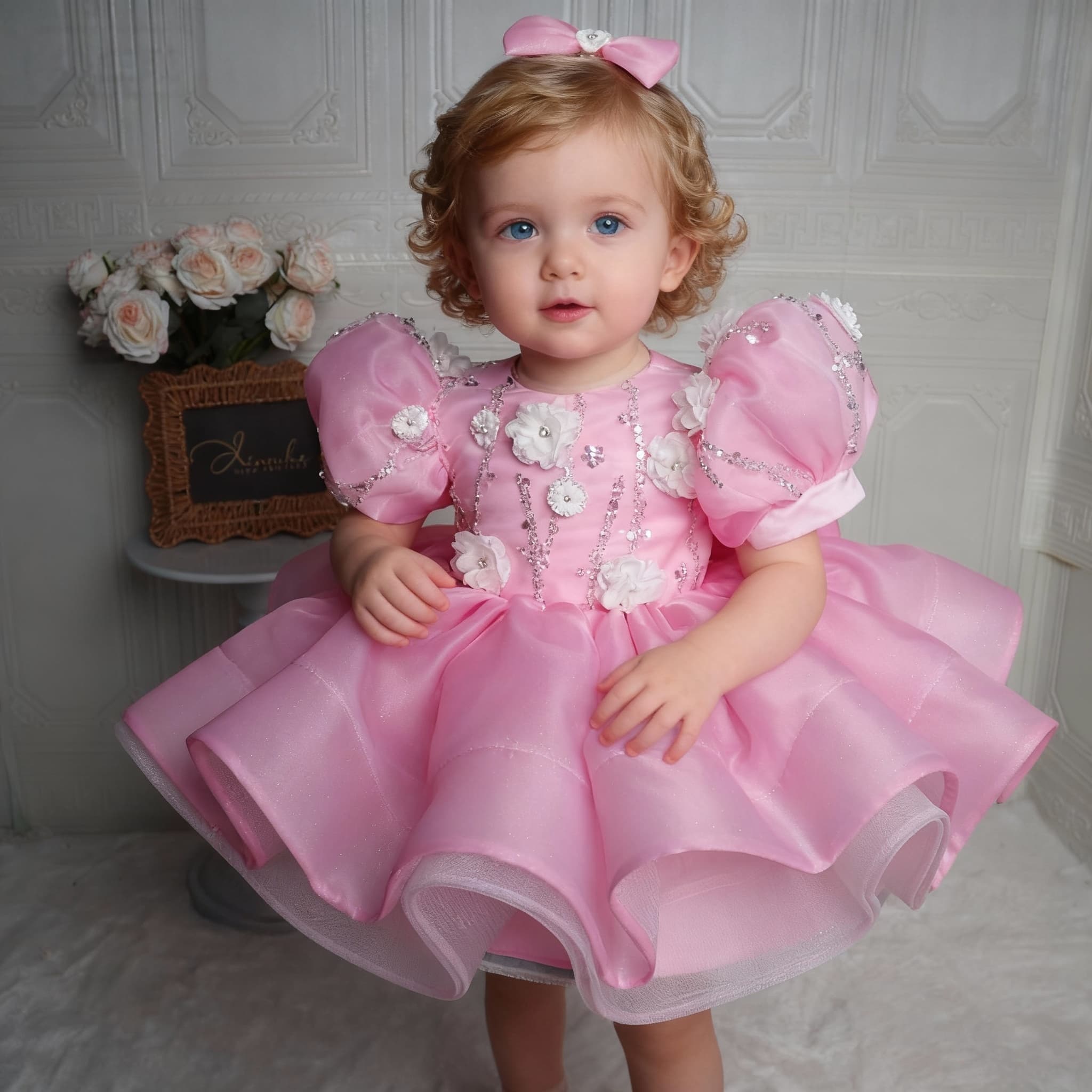 粉色公主风泡泡袖花朵亮片礼服