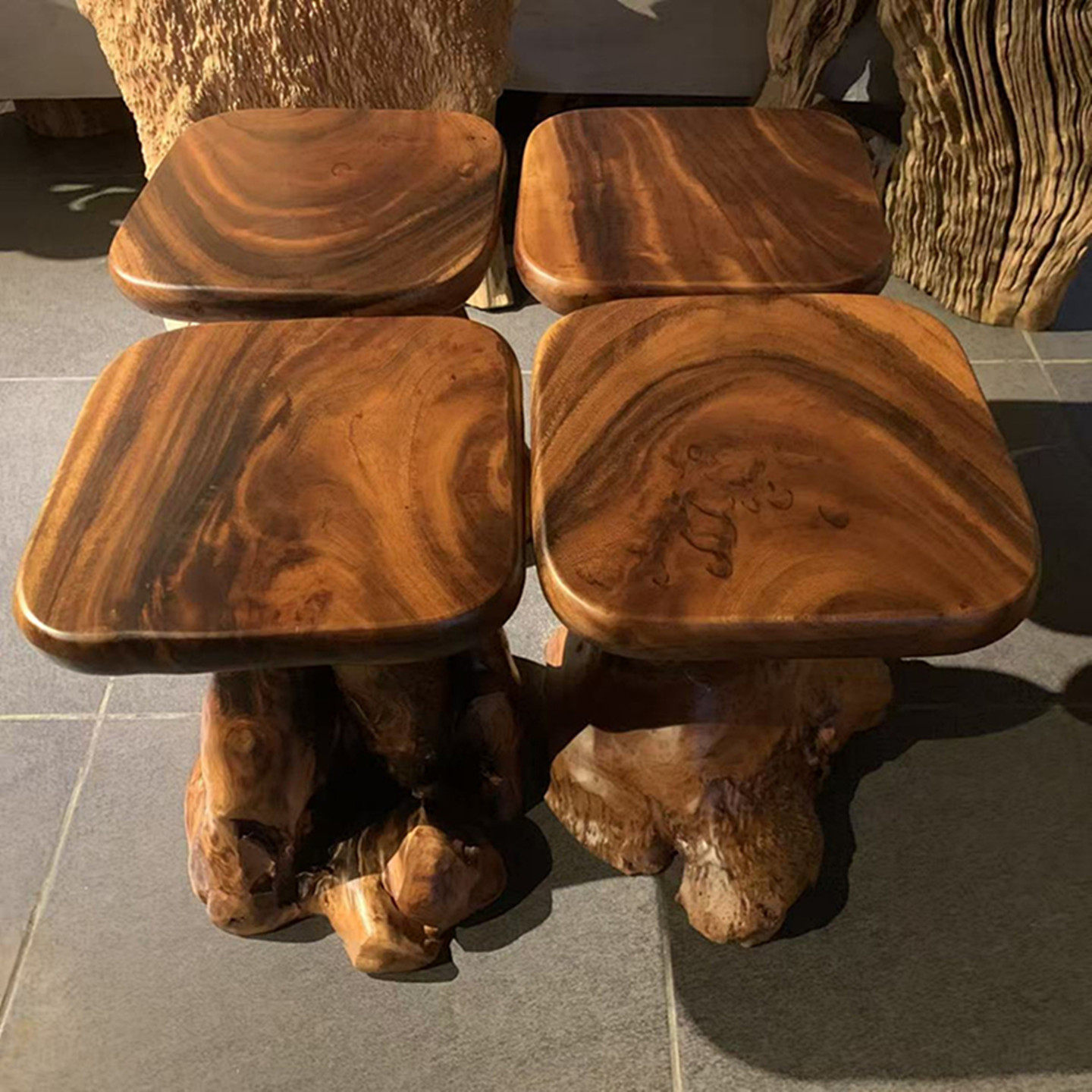 实木根雕凳子原木树墩架客厅方形凳换鞋凳树桩底座茶几茶桌泡茶凳