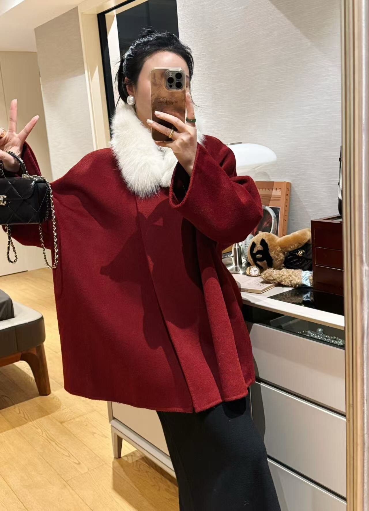 定染安哥拉红双面羊绒大衣女中长款韩版羊毛宽松外套 配真毛围脖