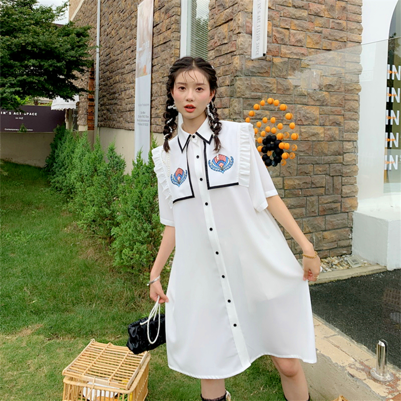 花妖原创复古仙气荷叶边海军领刺绣花白色衬衣裙中长款中袖连衣裙