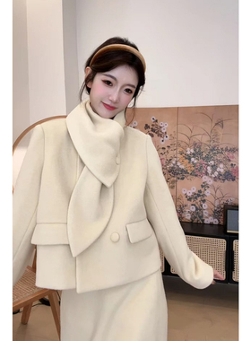 花妖原创复古法式淡黄色围巾双排扣加棉加厚毛呢外套长短裙两件套