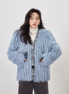 花妖原创小众冬复古法式粗花呢V领流苏仿狐狸毛皮草蓝色毛绒外套